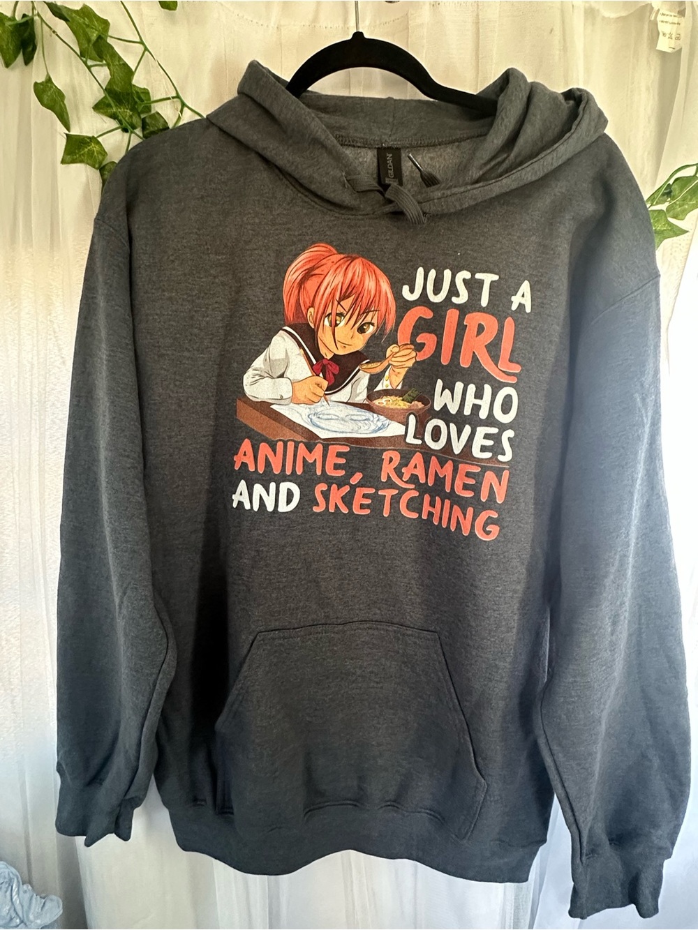 Gildan Dark Gray Hoodie with Coral & White Anime Graphic